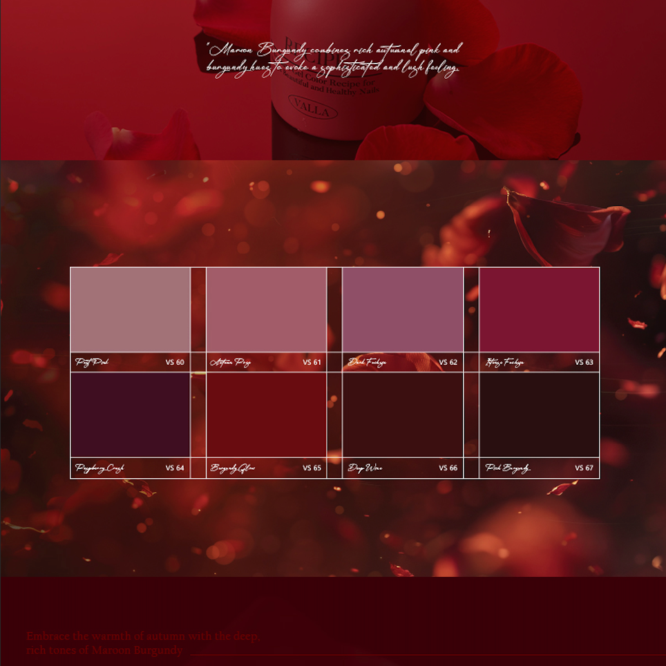 Mood board with color chart and shade names from Valla Maroon Burgundy Collection.