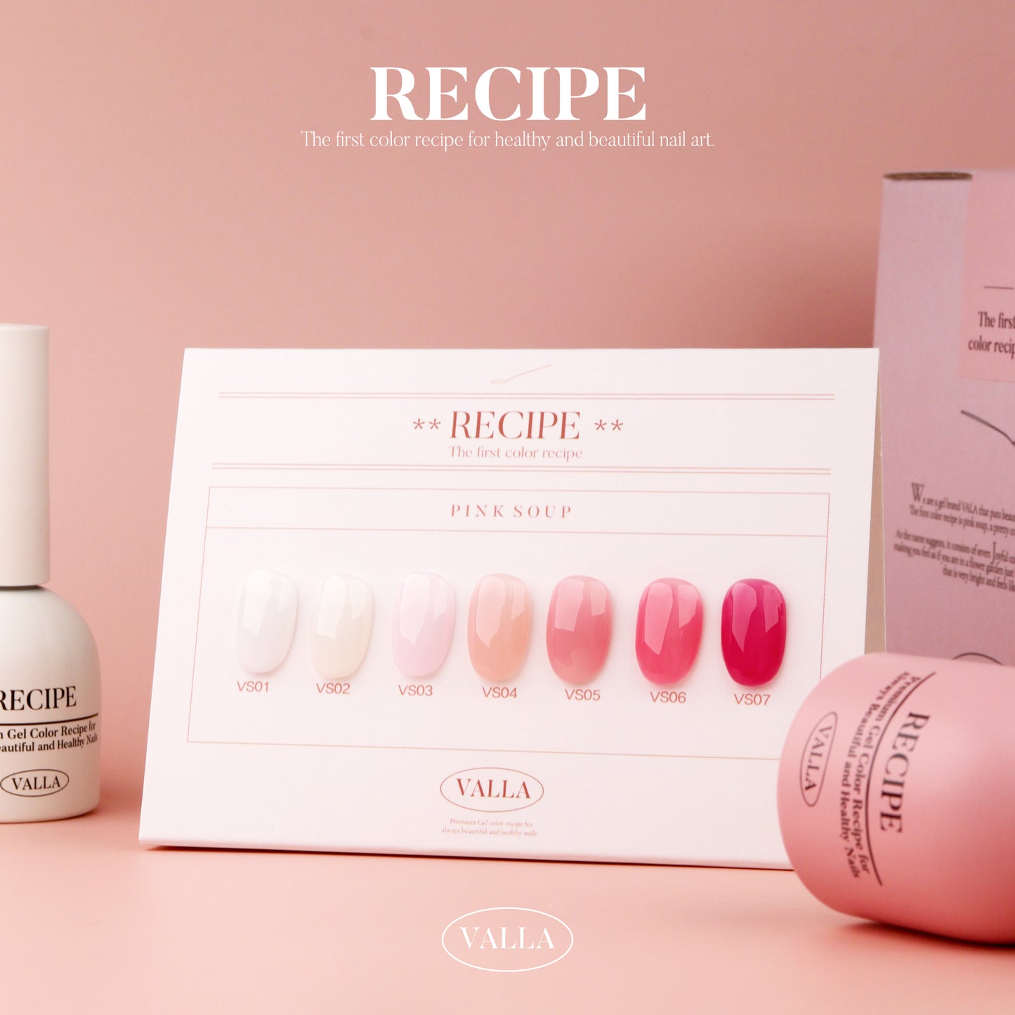 Hand swatches and bottles laid out for Pink Soup with VS shade codes.