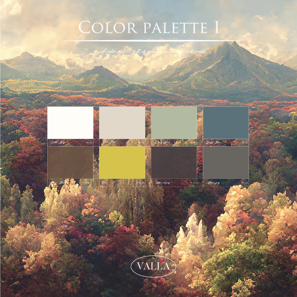 Color swatch chart for Valla Color Palette 1 with muted green, beige, and blue shades inspired by natural landscapes