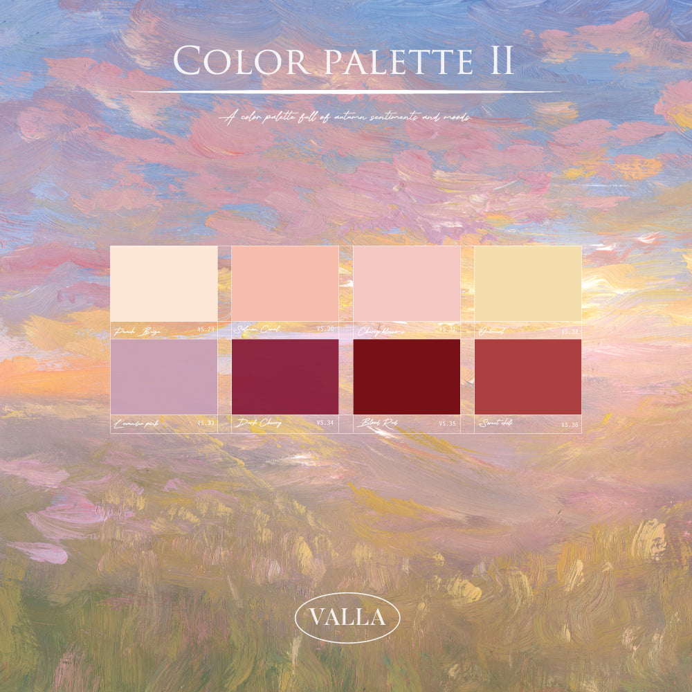 Color chart for Valla Color Palette 2 featuring swatches of beige, rose, and deep terracotta nail shades