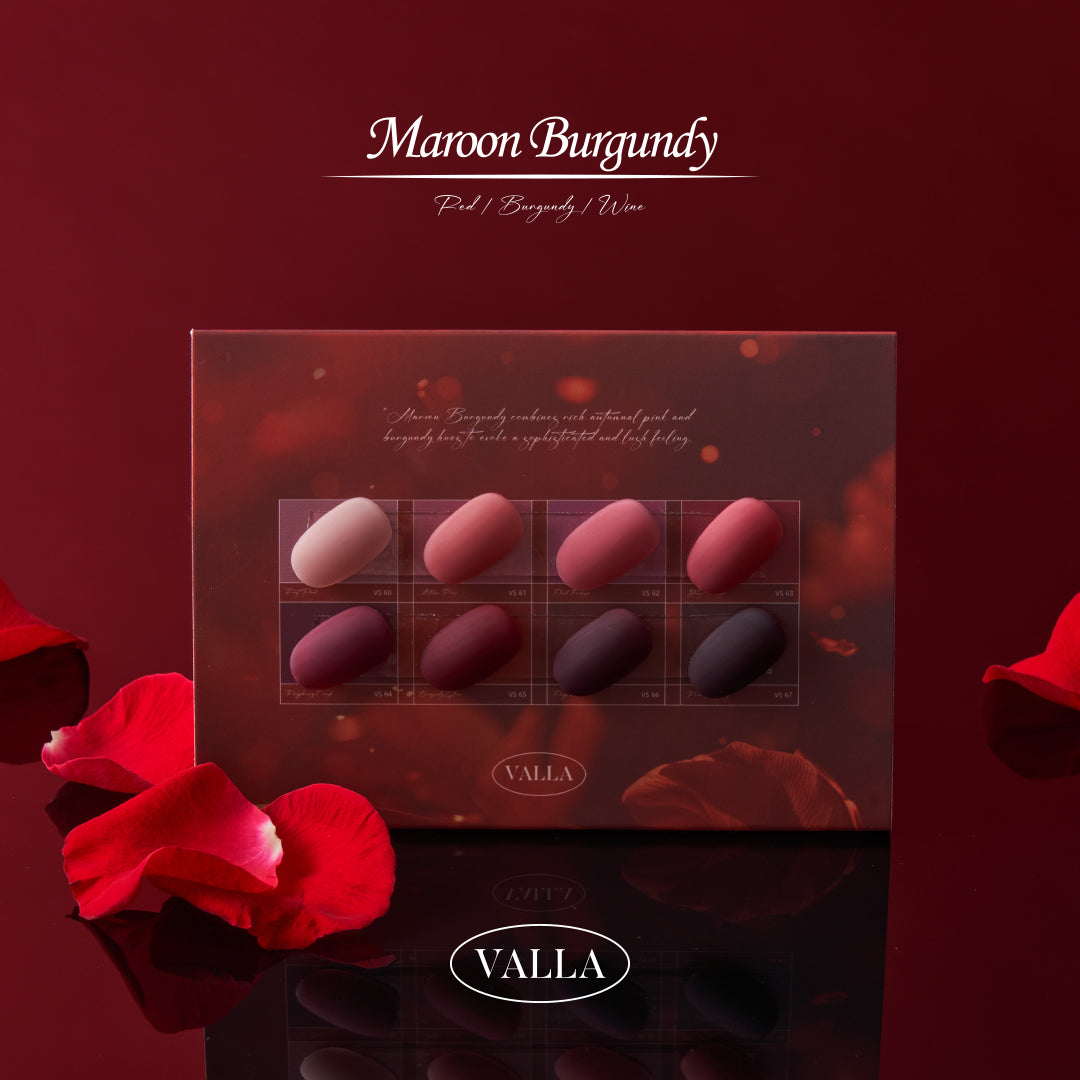 Color swatches of Maroon Burgundy gel polishes featuring rich red tones and wine hues.
