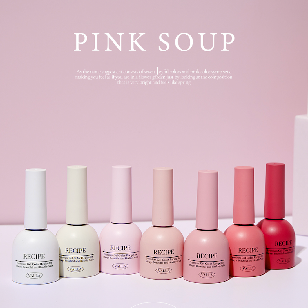 A range of pink and nude gel polish bottles in soft lighting, from Valla Pink Soup.
