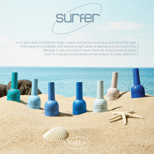 Cool-toned gel polish bottles from the Valla Surfer Collection, inspired by ocean waves and beachy tones.