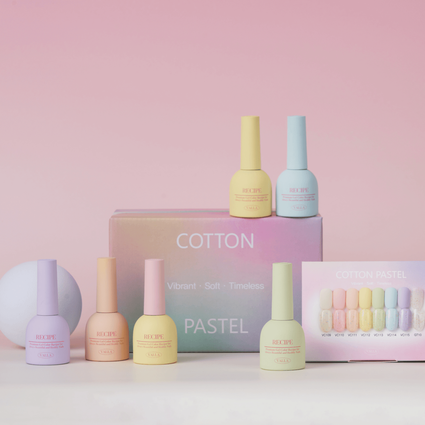 Valla Gel Cotton Pastel Collection – full set of gel polish bottles with packaging and swatches on a soft gradient background