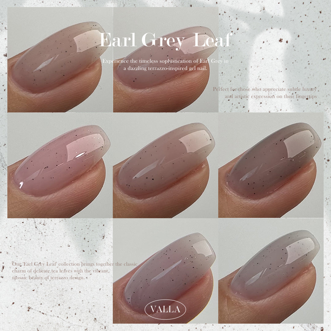 Tea-inspired grey and taupe gel bottles displayed with calming minimal props.