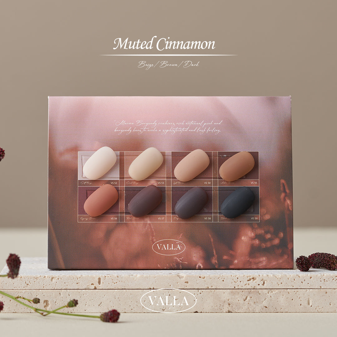 Autumn forest-themed color swatch chart for Muted Cinnamon gel collection.