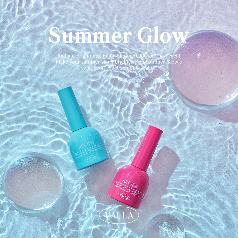 Bright blue and fuchsia gel polish flatlay for Summer Glow series.