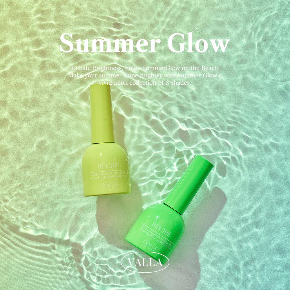 Vivid green and yellow bottles from Summer Glow under sunlight and water ripples.