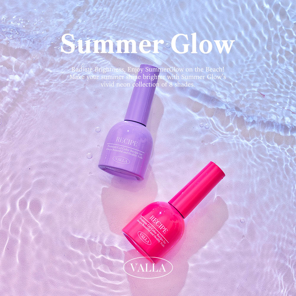 Two Valla neon gel bottles floating in pool lighting for a vibrant effect.