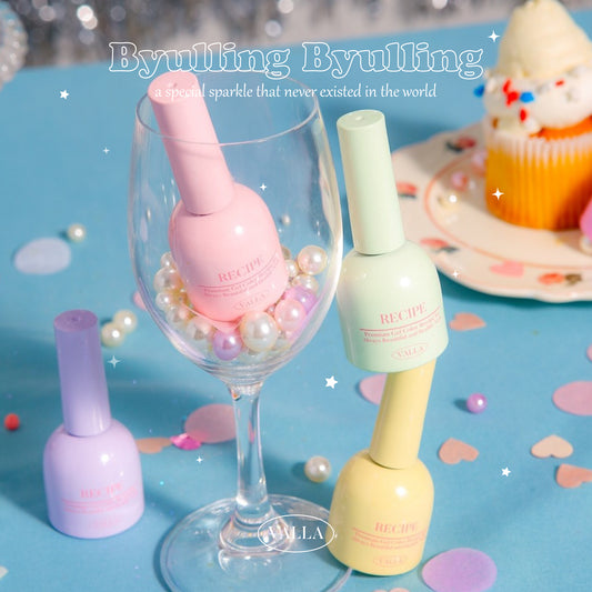 Sparkling gel polishes from Valla’s Byulling Byulling collection featuring shimmer and glitter finishes.
