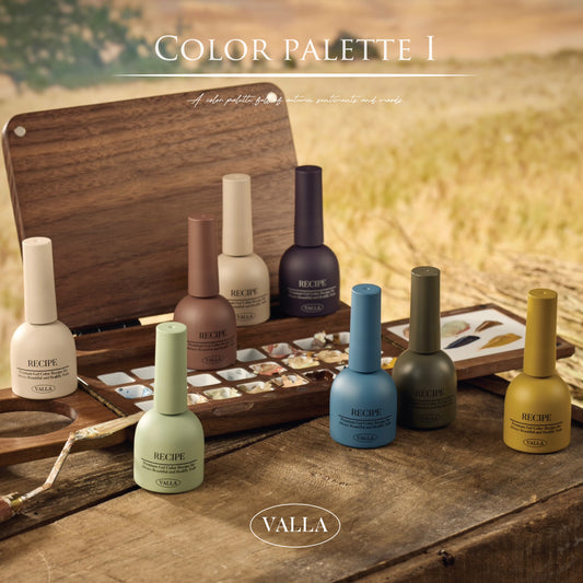 Valla Color Palette 1 collection featuring earthy, nature-inspired gel polish shades displayed in a wooden paint box