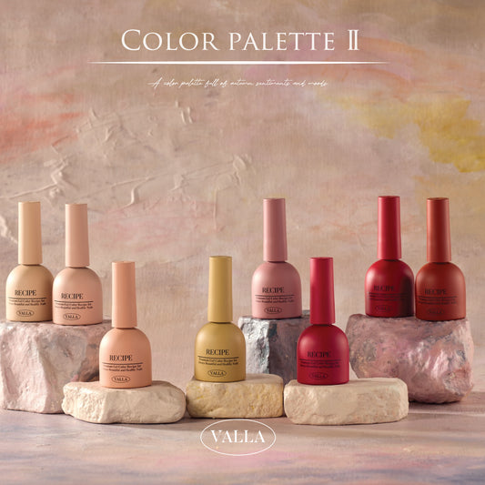 Valla Color Palette 2 gel polish lineup with warm earthy tones and bold reds, inspired by soft rustic textures