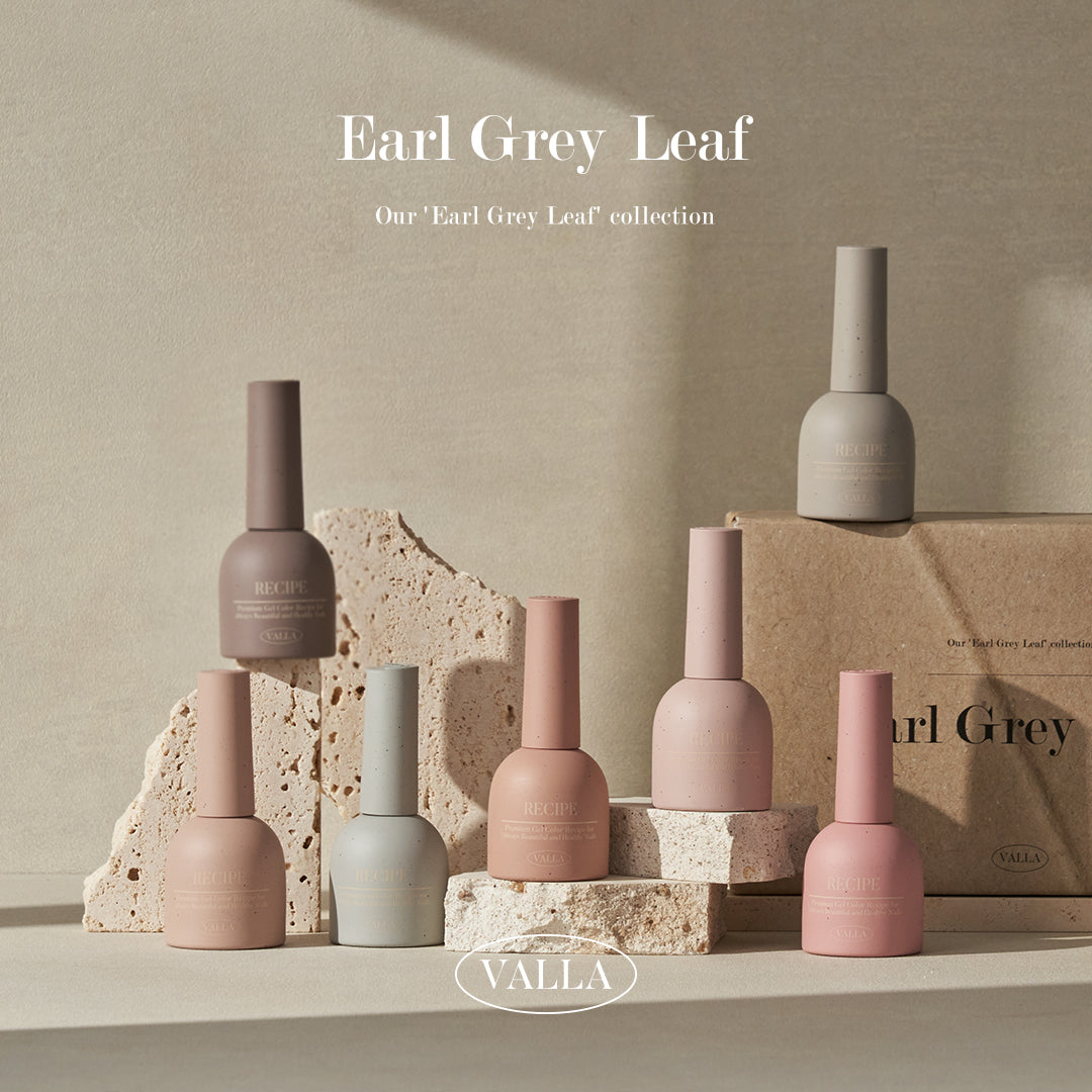 Sophisticated neutrals and muted greys featured in Valla’s Earl Grey Leaf gel collection.