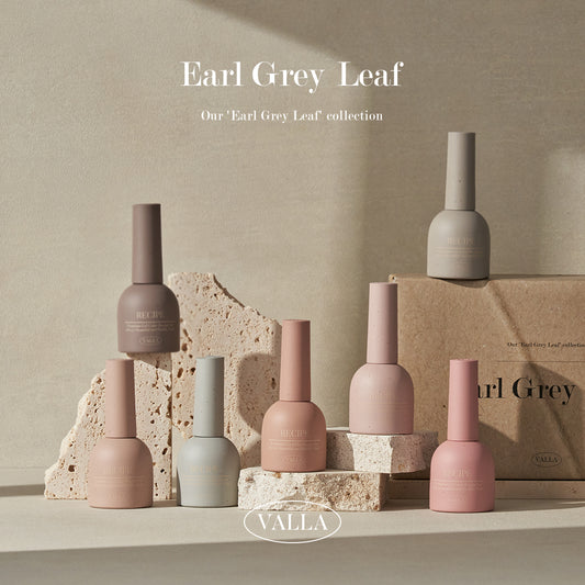 Sophisticated neutrals and muted greys featured in Valla’s Earl Grey Leaf gel collection.