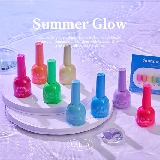 Bright neon gel polish bottles in a summer beach theme setup by Valla.