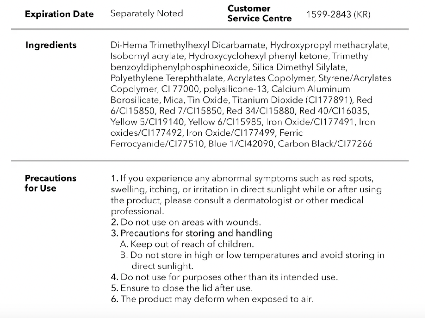 ingredients and application info
