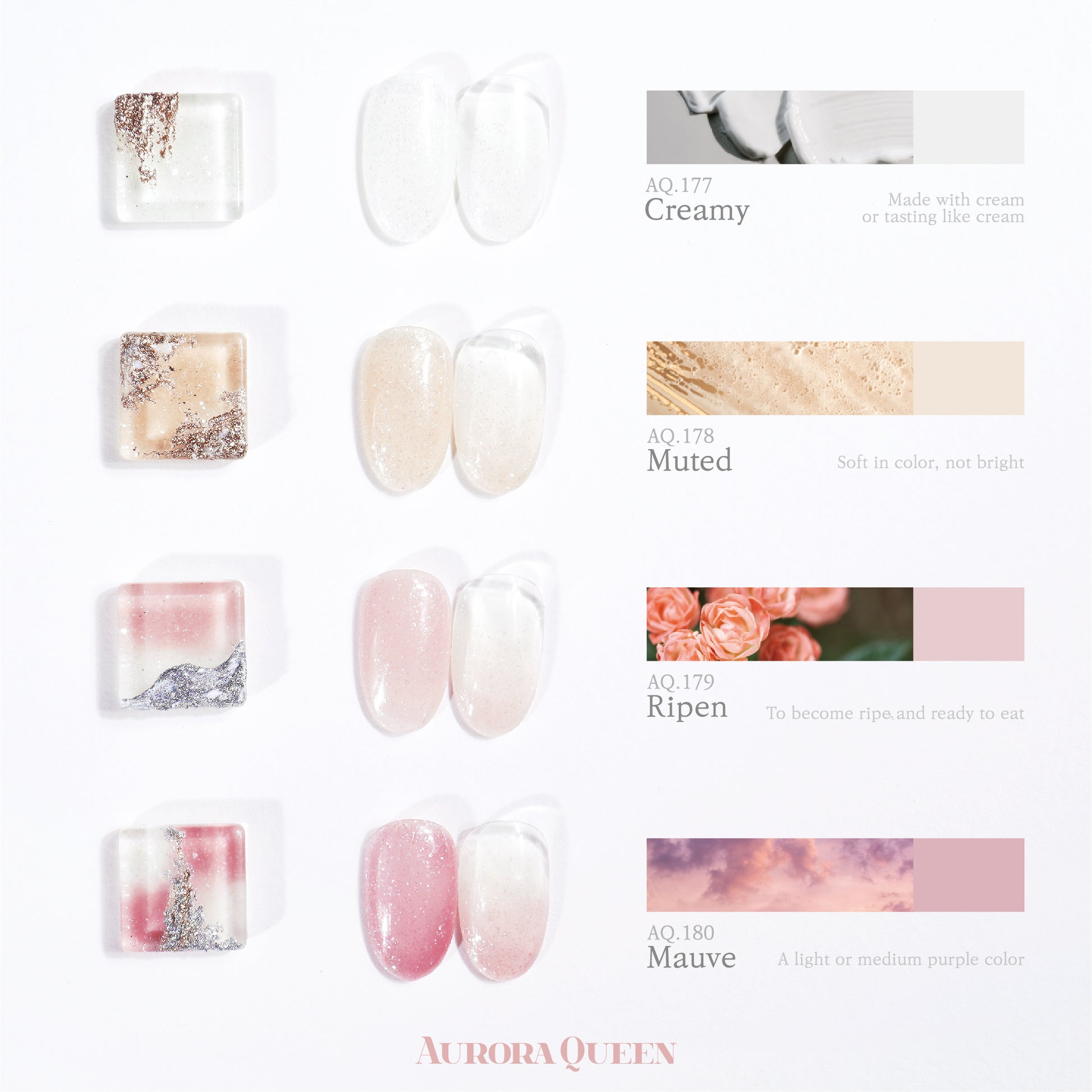 Mellow Collection full swatches – creamy, muted, ripen, mauve tones
