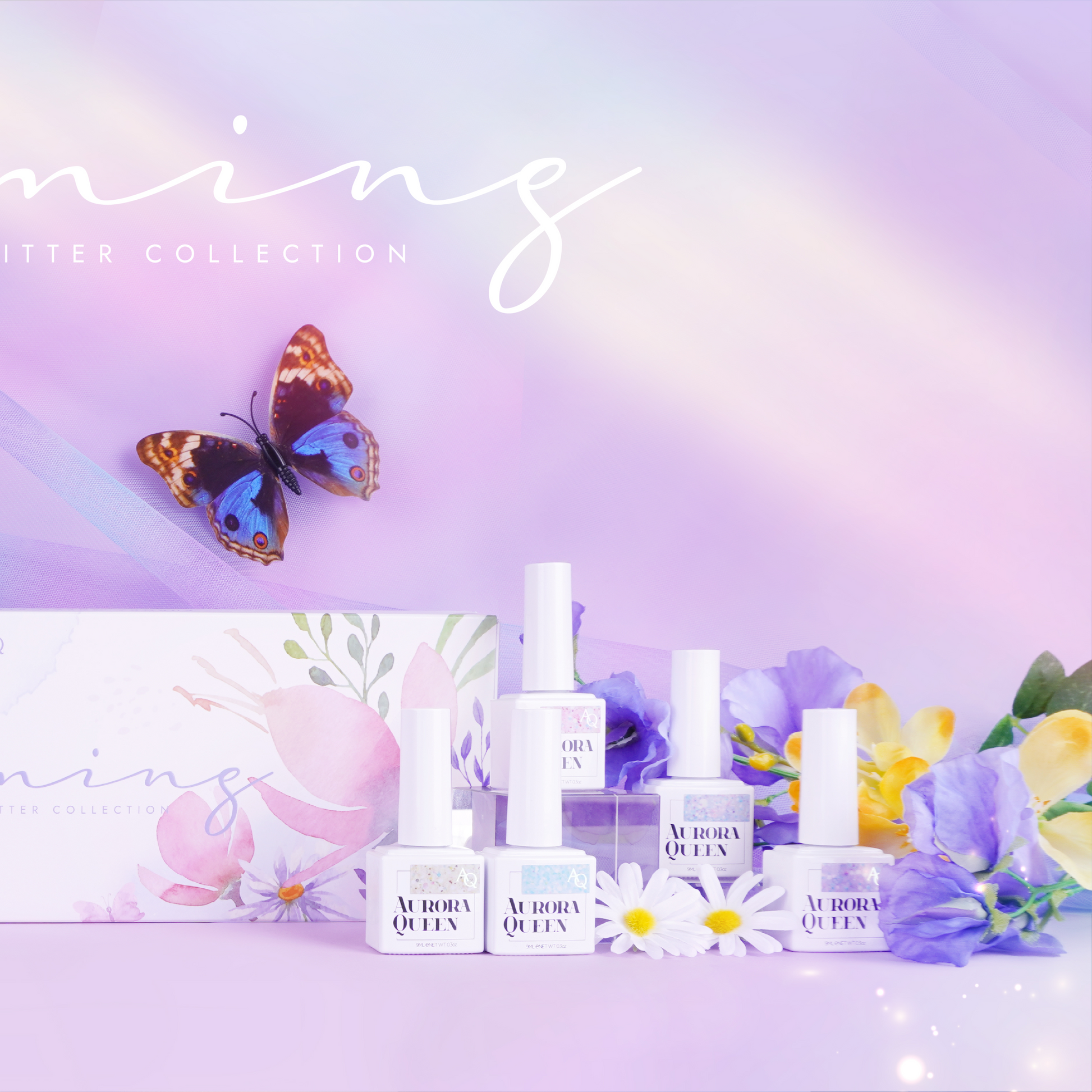 Collection display with all bottles and pastel packaging