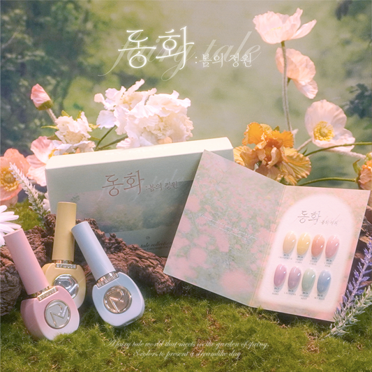 Fairy Tale pastel gel polish set by BY MUSE, displayed on mossy spring backdrop with floral decor