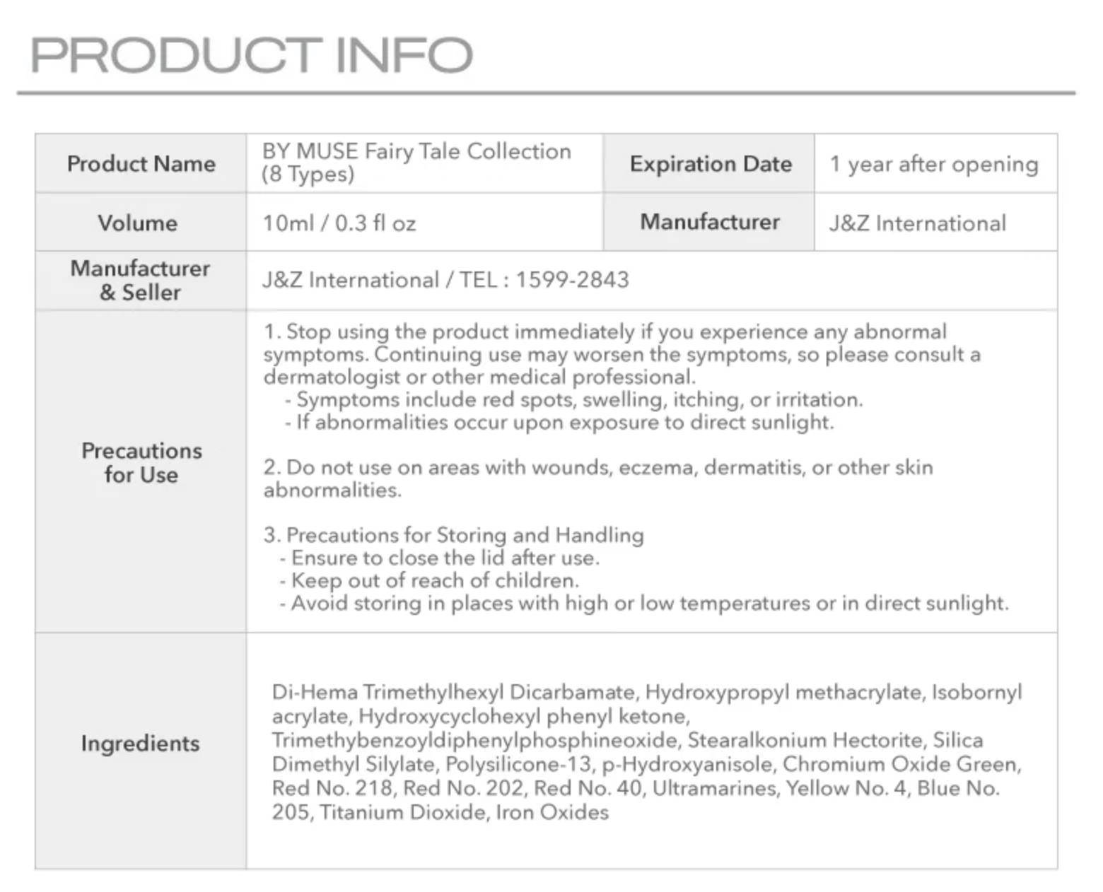 Product information sheet for BY MUSE Fairy Tale collection pastel gel polishes