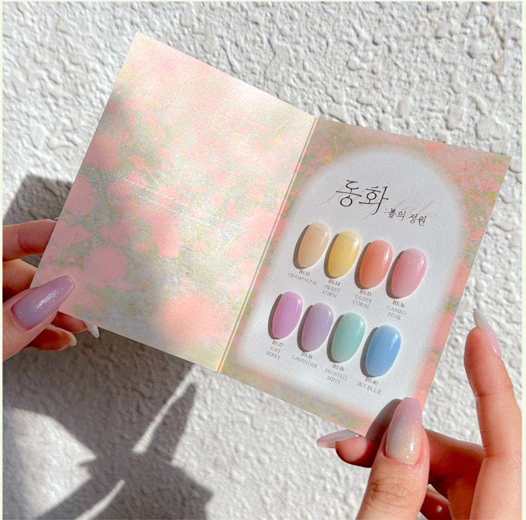Fairy Tale collection swatch booklet featuring soft pastel gel shades by BY MUSE