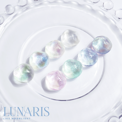 Press-on shimmer nail art in soft pastel tones
