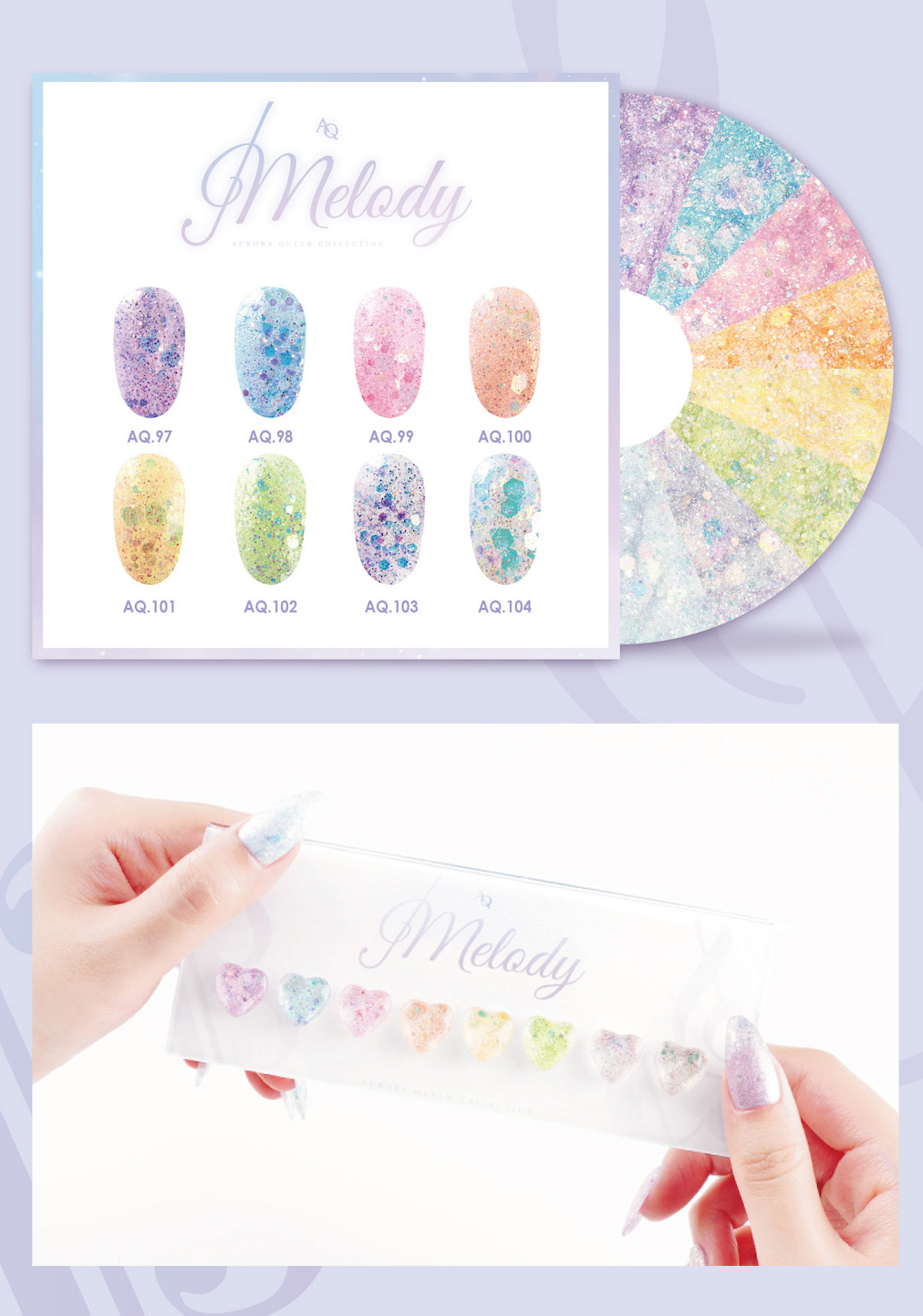 Melody nail gel collection set with pastel-toned glitter polishes