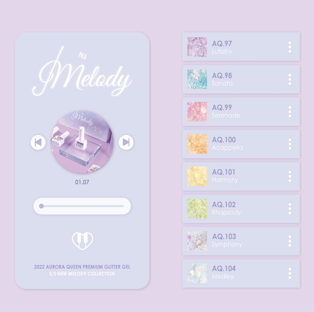 Music player display with all Melody glitter gel shades