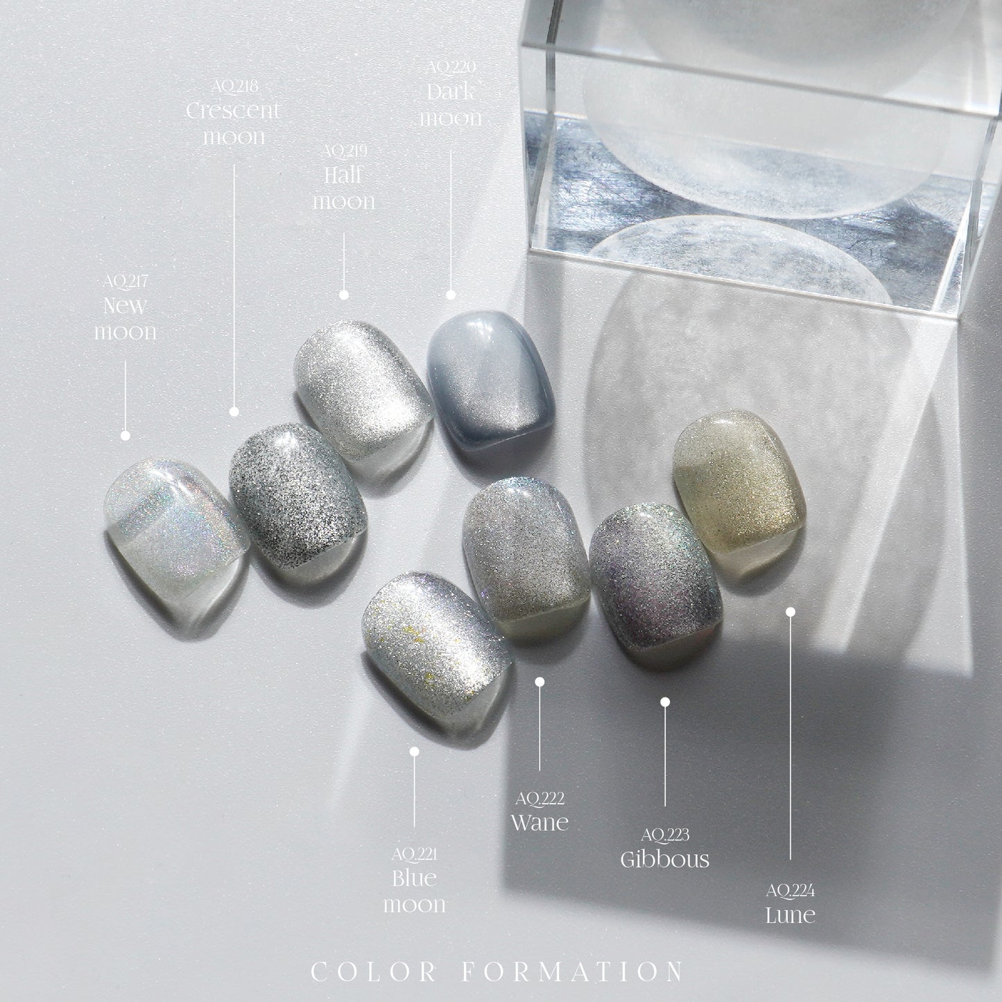 Moonlight Collection swatch chart – from New Moon to Lune
