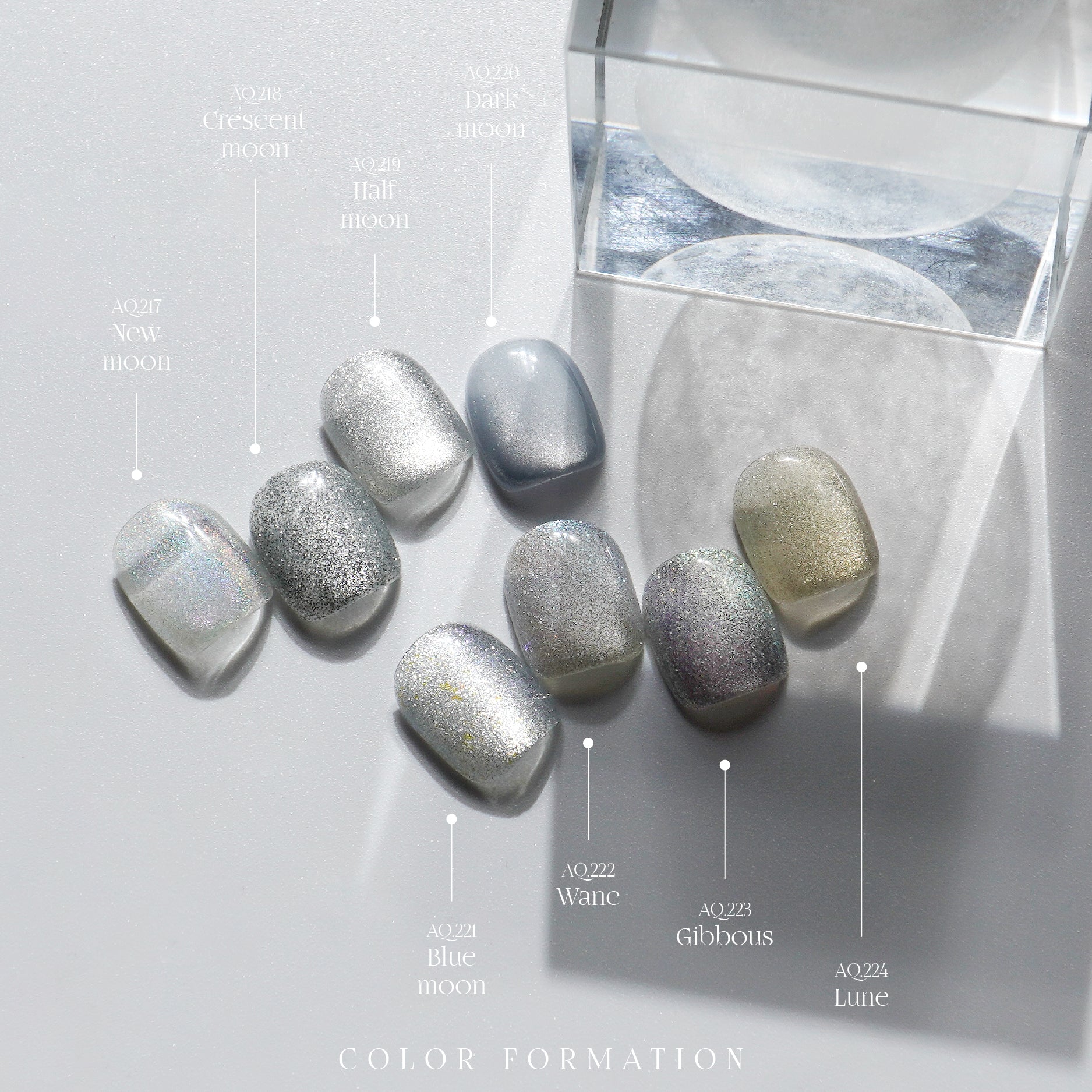 Moonlight Collection swatch chart – from New Moon to Lune