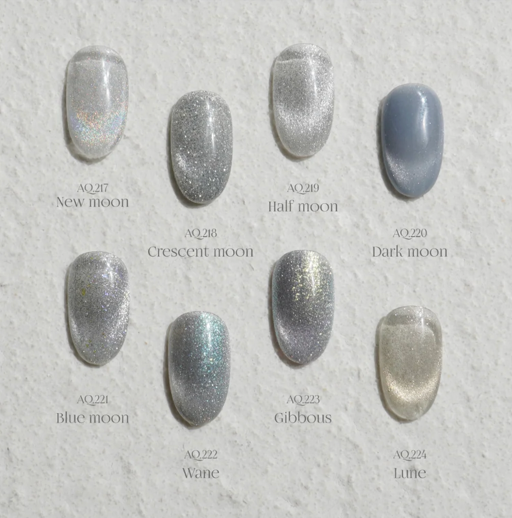 Gel polish swatches – AQ221 to AQ228 moonlight tones