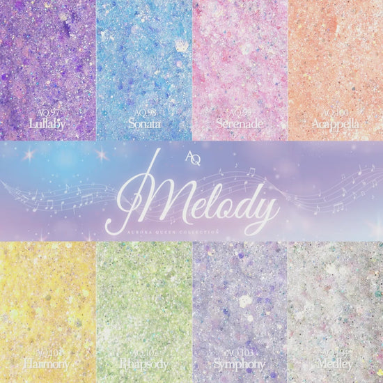 Melody Collection – full grid of 8 glitter gel shades