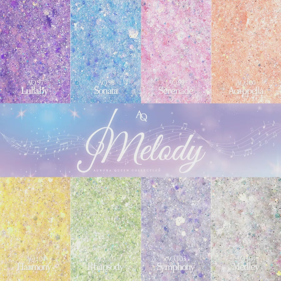 Melody Collection – full grid of 8 glitter gel shades