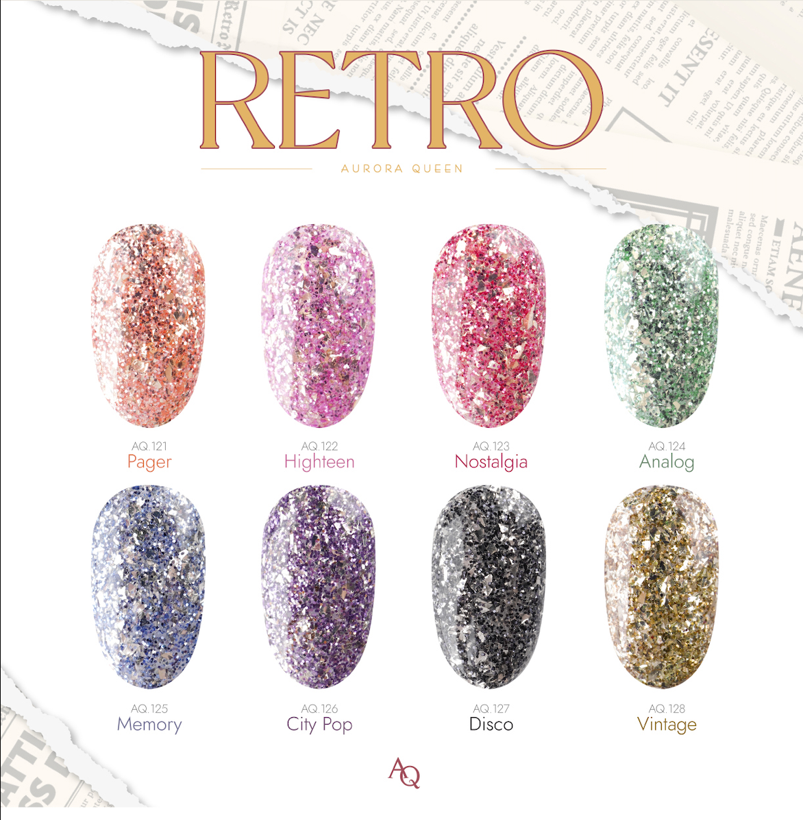 Retro Collection – 8 glitter gel shades from Nostalgia to Vintage
