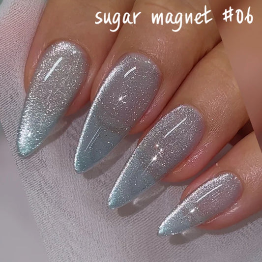 Sugar Magnet Shade 06 – Frosted silver-blue magnetic gel polish with luminous sugar shimmer