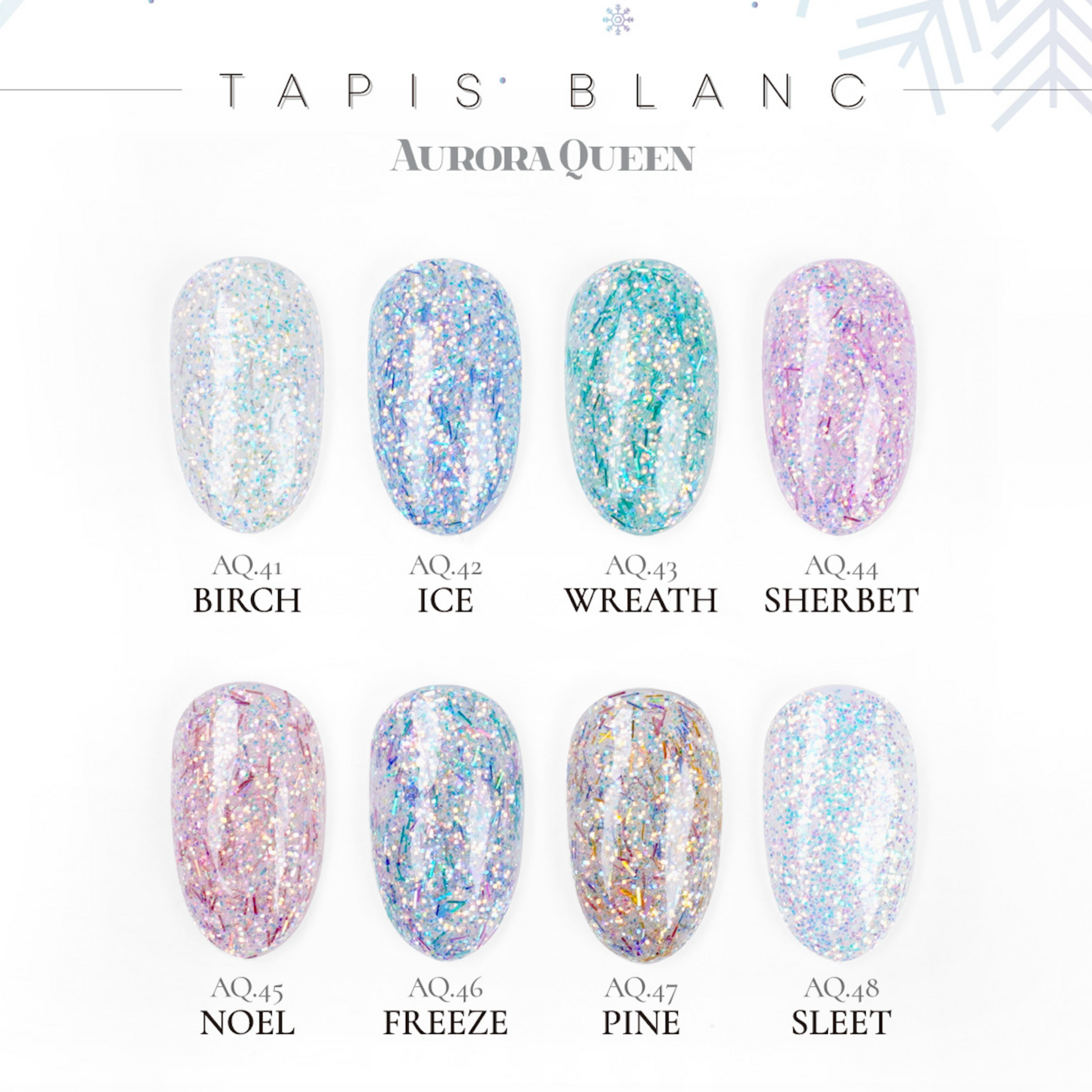 Tapis Blanc collection swatches – 8 shades glitter swatch sheet