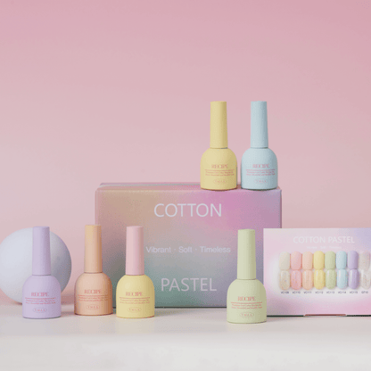 Valla Gel Cotton Pastel Collection – full set of gel polish bottles with packaging and swatches on a soft gradient background