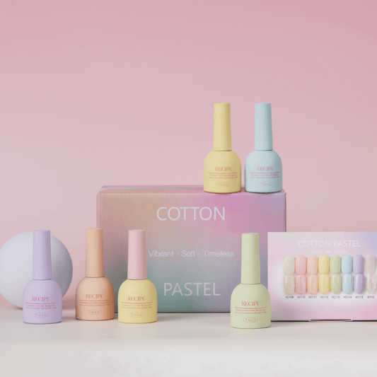 Valla Gel Cotton Pastel Collection – full set of gel polish bottles with packaging and swatches on a soft gradient background