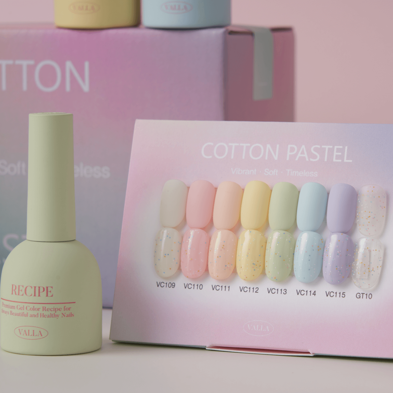 Close-up of Valla Gel Cotton Pastel swatch card beside polish bottles and packaging – pastel nail art inspiration