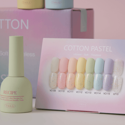 Close-up of Valla Gel Cotton Pastel swatch card beside polish bottles and packaging – pastel nail art inspiration